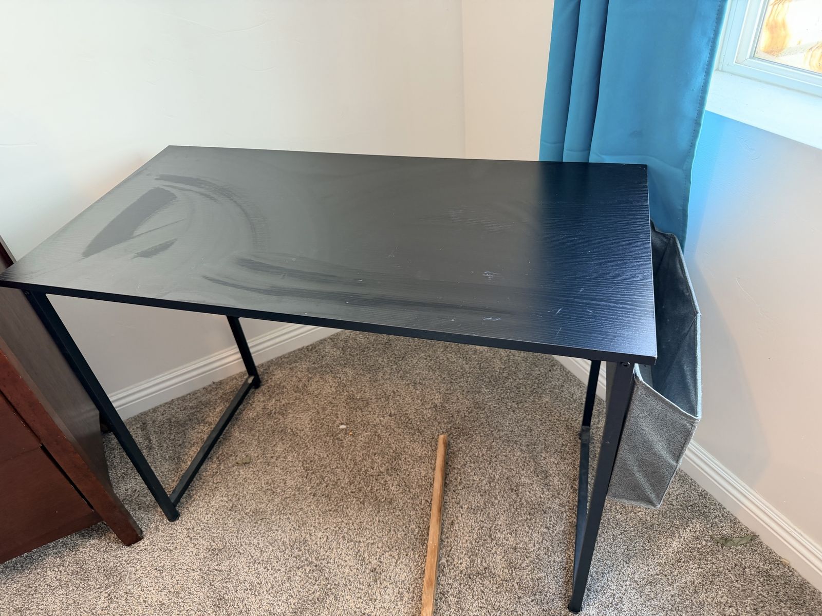 Black Wooden Writing Desk with Side Storage Pocket and Metal Frame
