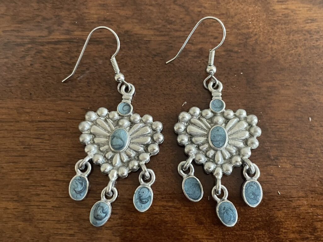 Silver Tone Heart Earrings W/ Blue Stones