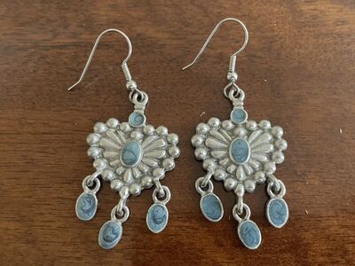 Silver Tone Heart Earrings W/ Blue Stones