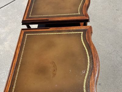 VINTAGE DINWOODEY LEATHER IN LAY SIDE TABLES PAIR