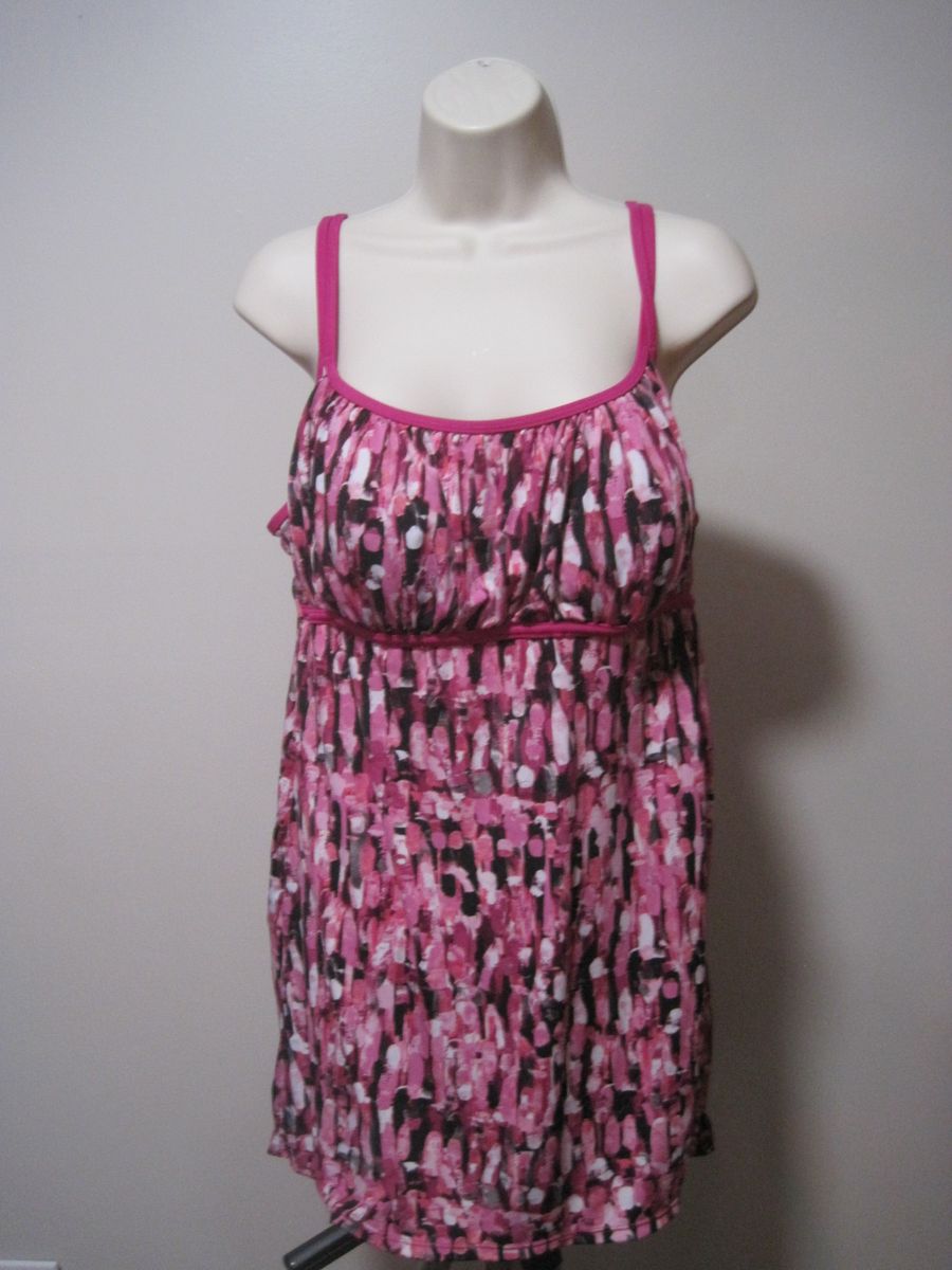 Catalina Womens Medium Pink Black Abstract Print Sleeveless Spaghetti Swim Dress
