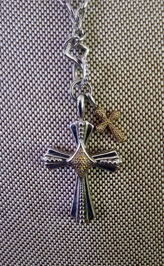 Vntg SS 925 2 Tone 2 Cross Pend W/SS Attach Chain