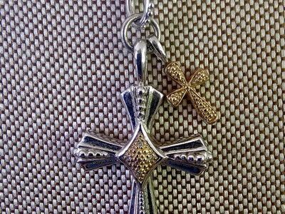 Vntg SS 925 2 Tone 2 Cross Pend W/SS Attach Chain