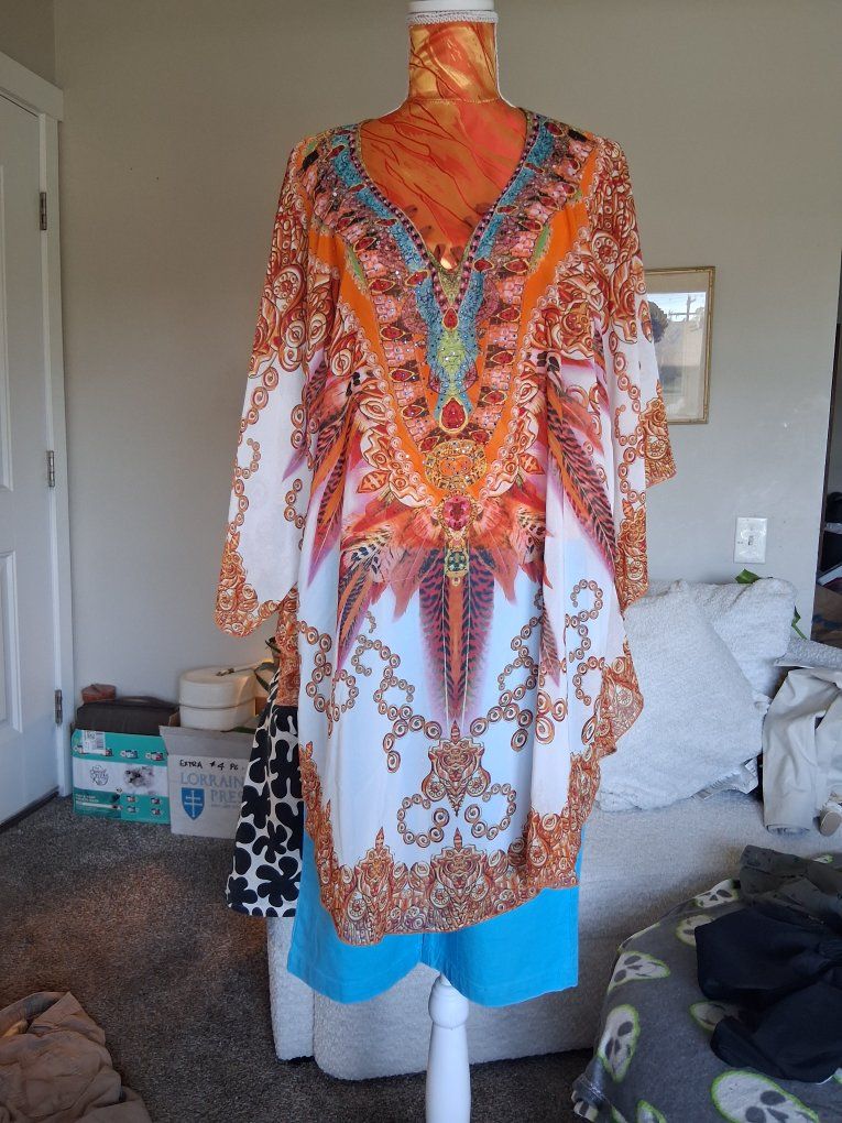 White Mark orange rhinestone kaftan womens top sz xl