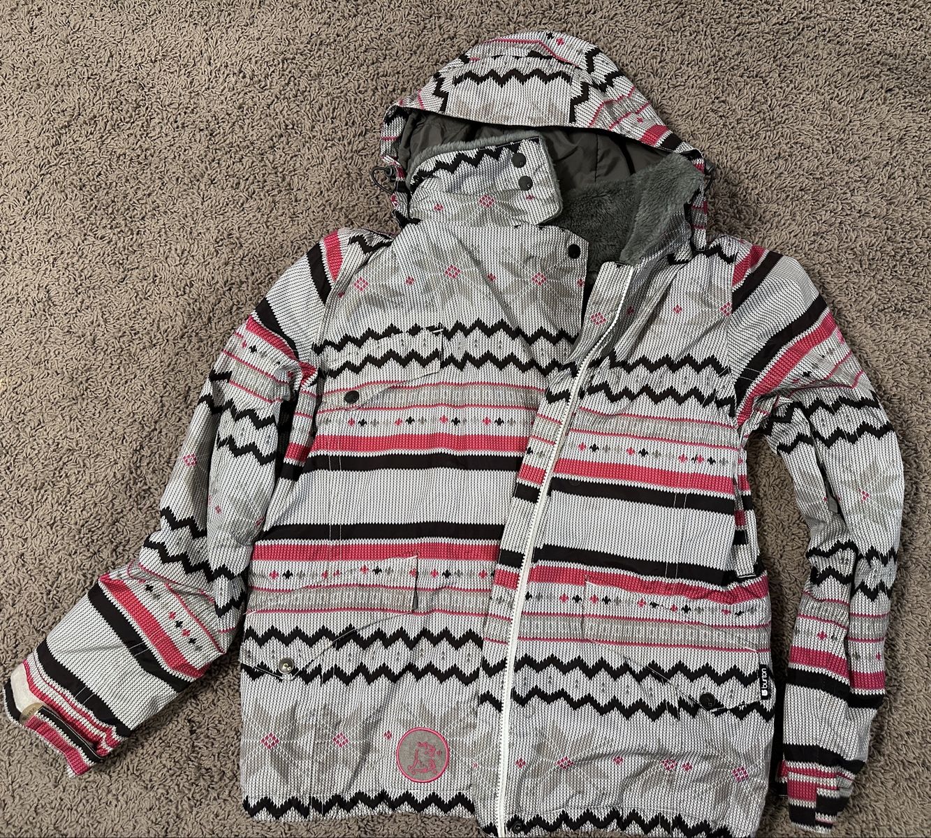 Burton Women's Ski Snowboard Jacket Gray Fair Isle Print Faux Fur Lining Size M