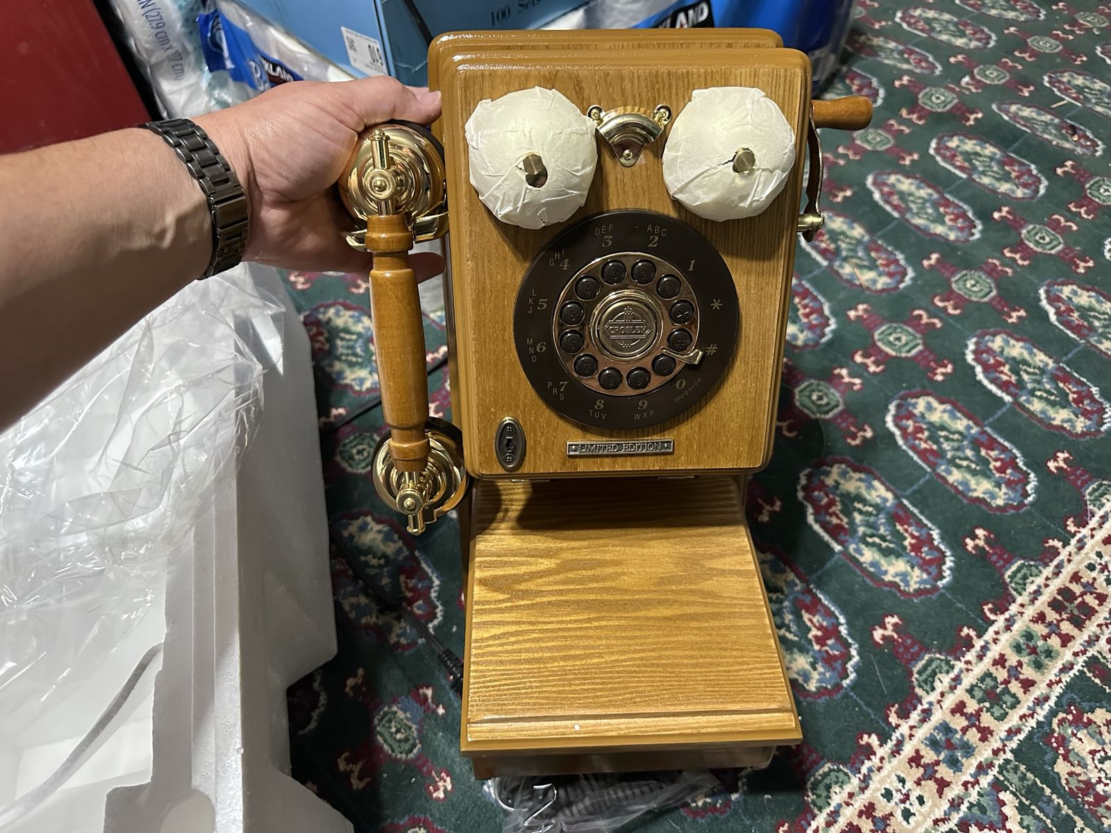 Vintage Rotary Wall Phone Wood & Brass Decor - New