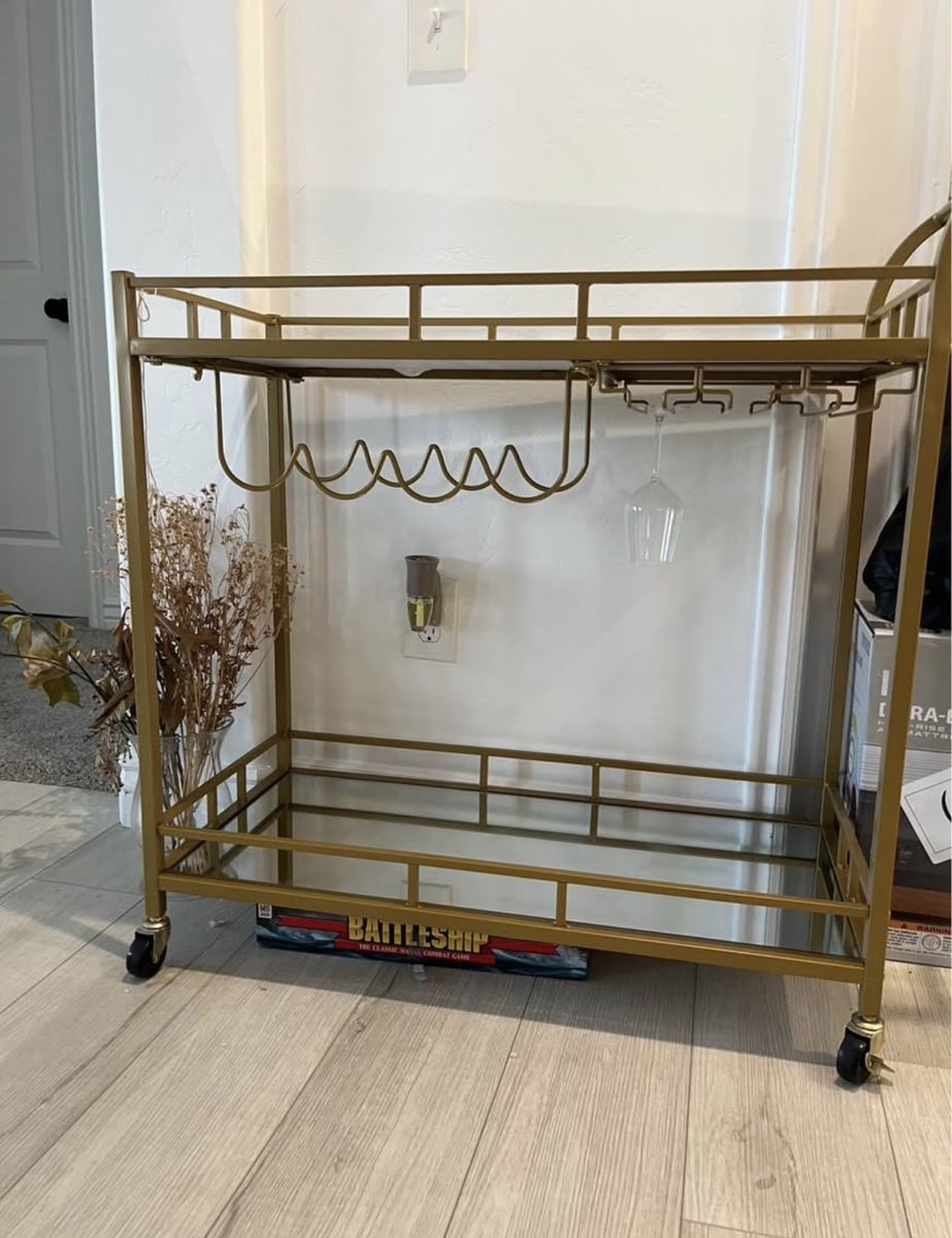 Gold Bar Cart with Mirrored Shelves & Stem Glass Holders