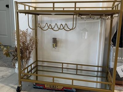Gold Bar Cart with Mirrored Shelves & Stem Glass Holders