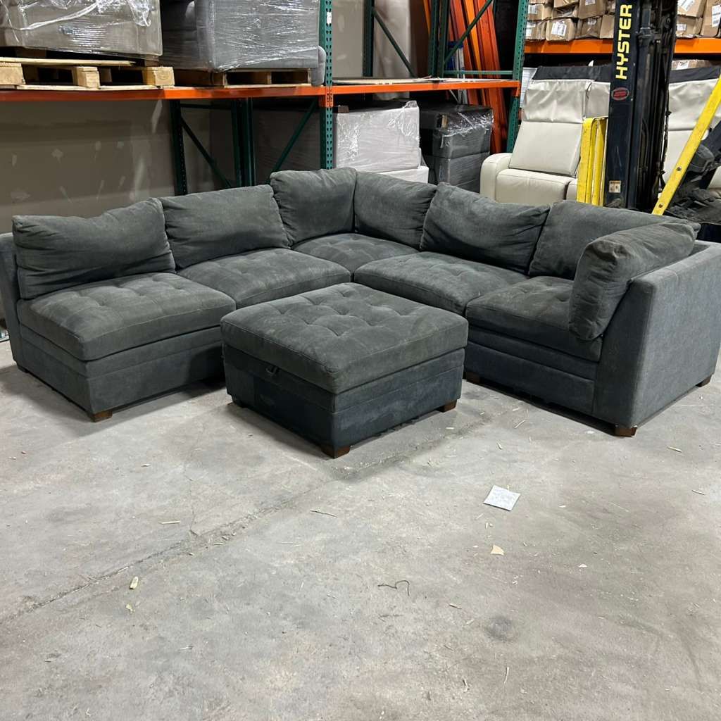 COSTCO THOMASVILLE TISDALE 6-PIECE FABRIC MODULAR SECTIONAL W/ STORAGE OTTOMAN, DARK GRAY!!