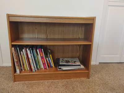 Oak Finish Low Profile Bookshelf - 2-Shelf Wooden Bookcase - Good Condition