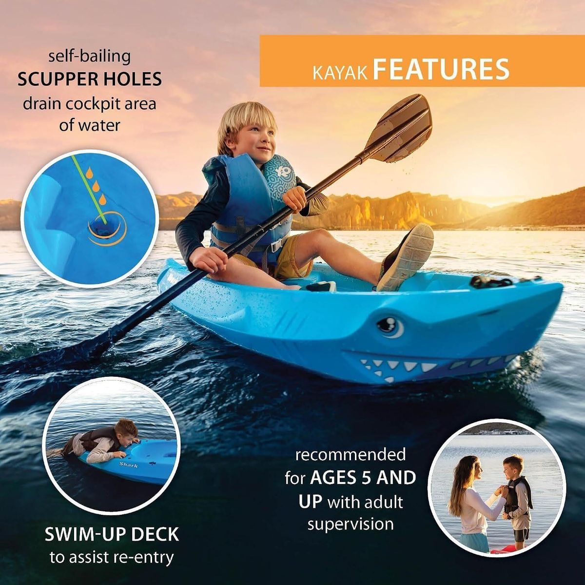 Lifetime Shark Youth Kayak with Paddle - 6 ft Sit-On-Top Kids Kayak (Blue)