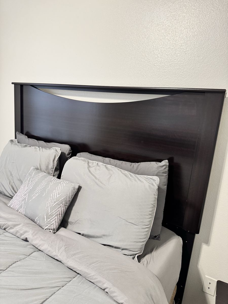 Dark Wood Headboard and Bed Frame - Used
