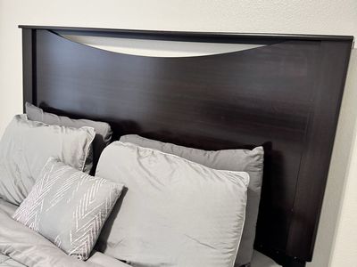 Dark Wood Headboard and Bed Frame - Used