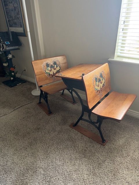 Antique student desks made by the American Seating Company.