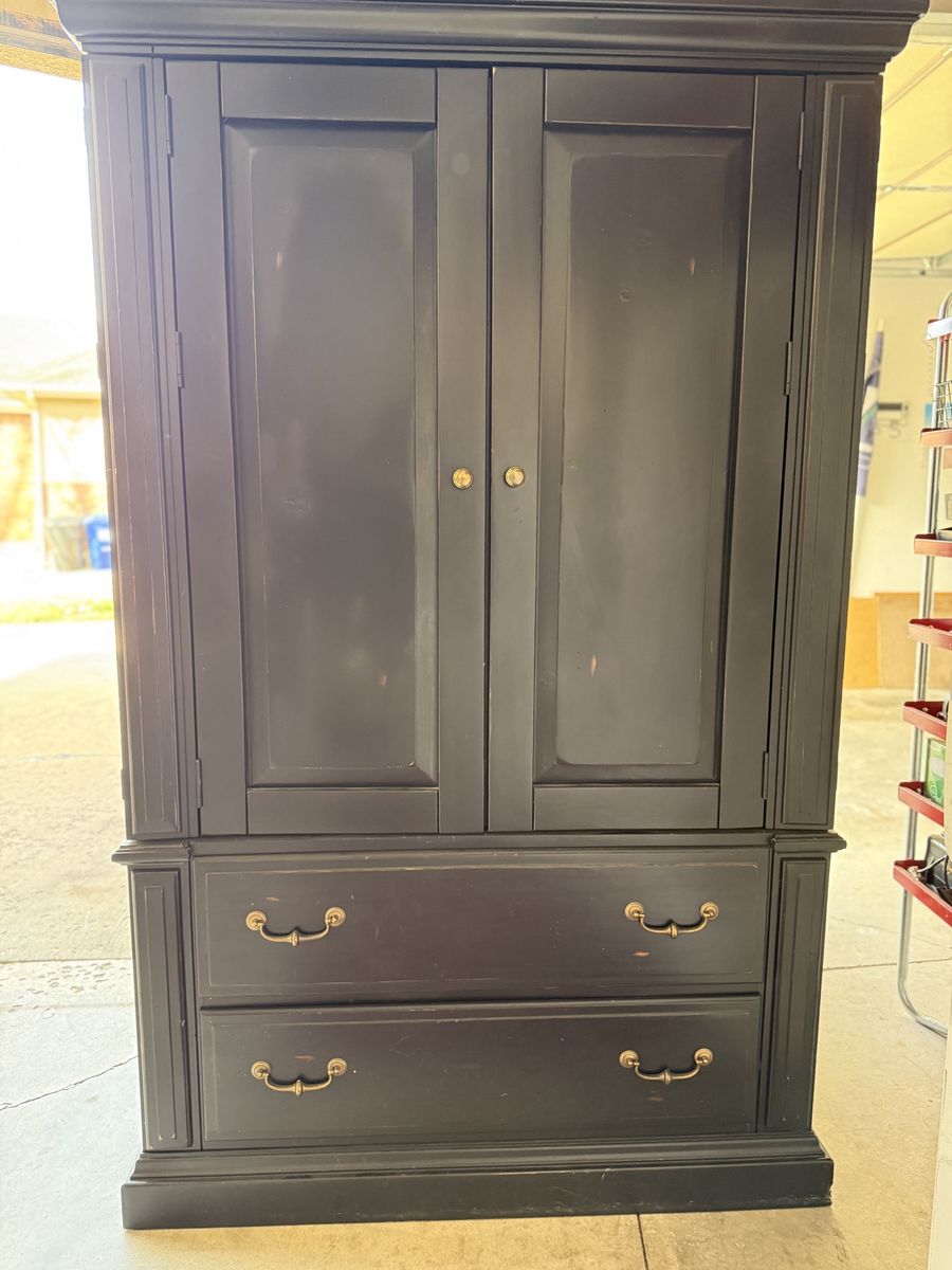 Black Wooden Armoire Wardrobe with 2 Drawers and Shelves - Rustic Brass Hardware