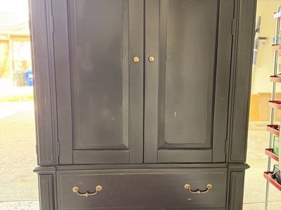 Black Wooden Armoire Wardrobe with 2 Drawers and Shelves - Rustic Brass Hardware