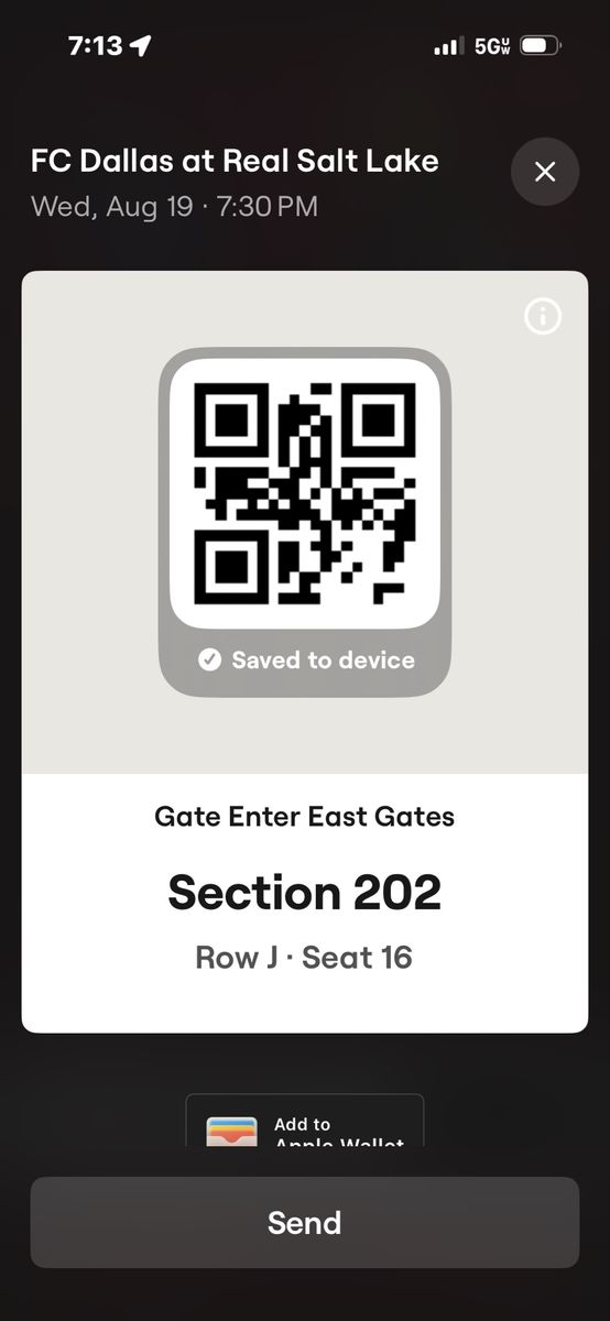 FC Dallas at Real Salt Lake Ticket - Section 202, Row J, Seat 16s