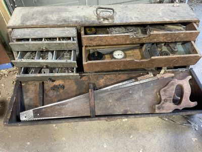 Vintage Wooden Tool Chest with Multiple Drawers and Hand tools