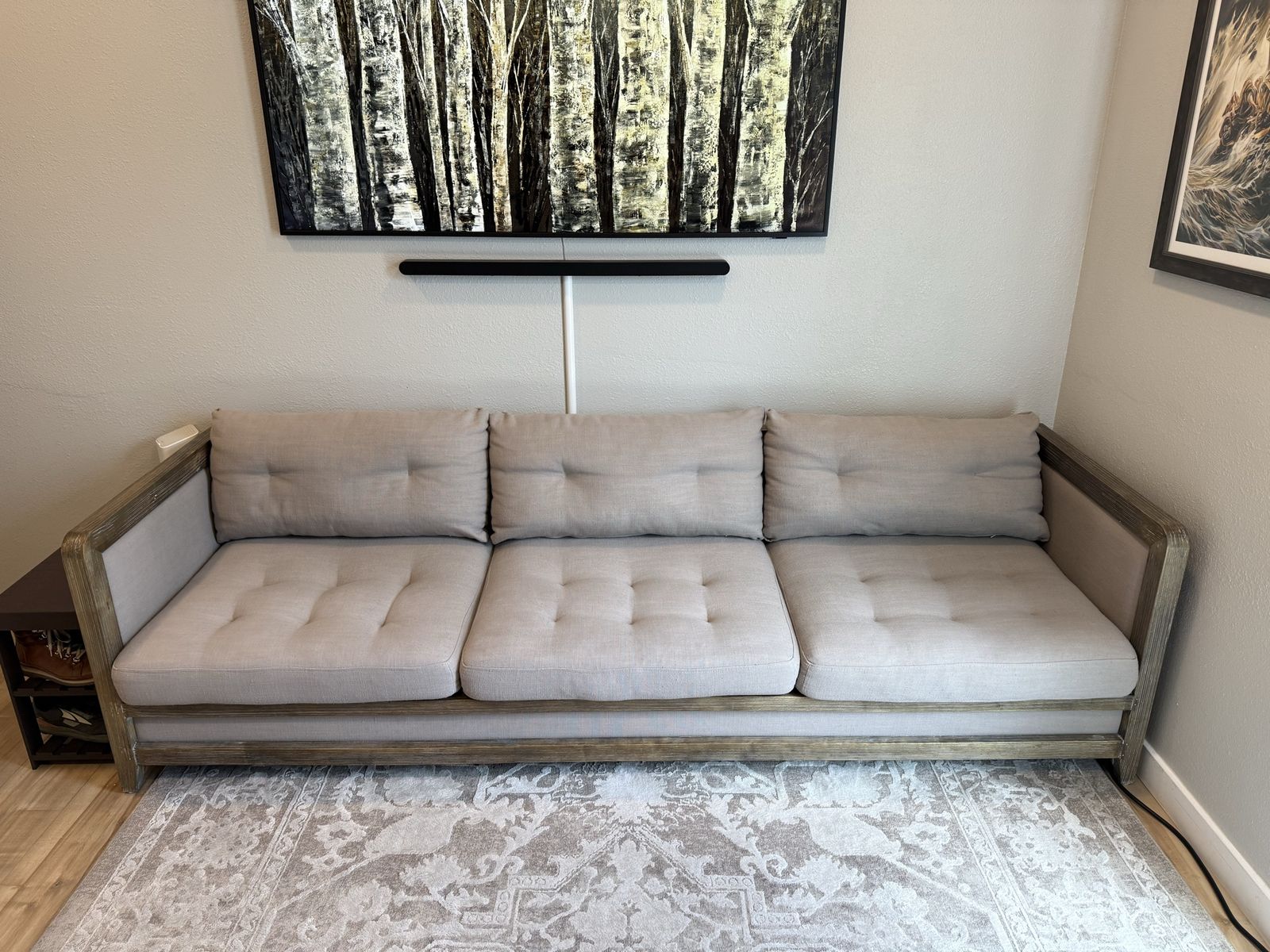 Linen Sofa - Natural Oak Frame, Tufted Cushions