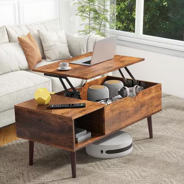 Modern 39.37 in. Rust Brown Small Rectangle Wood Lift Top Coffee Table