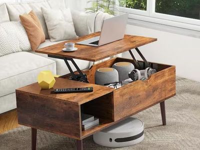 Modern 39.37 in. Rust Brown Small Rectangle Wood Lift Top Coffee Table