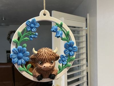 Cute Highland Cow & Bluebell Flower Wreath Hanging Decor - Farmhouse Art