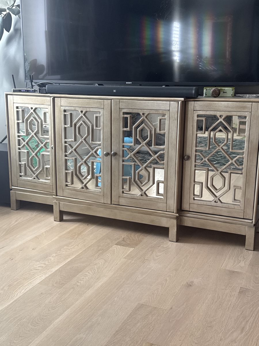 Casa Bella 70" Mirrored Console Table w/ 4 Geometric Doors - Entertainment Storage