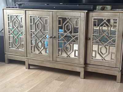 Casa Bella 70" Mirrored Console Table w/ 4 Geometric Doors - Entertainment Storage