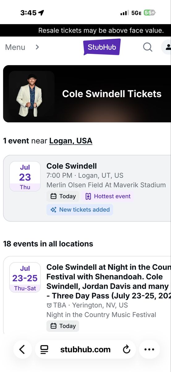 Cole Swindell Concert Ticket - Logan, UT (July 23rd) - Merlin Olsen Field
