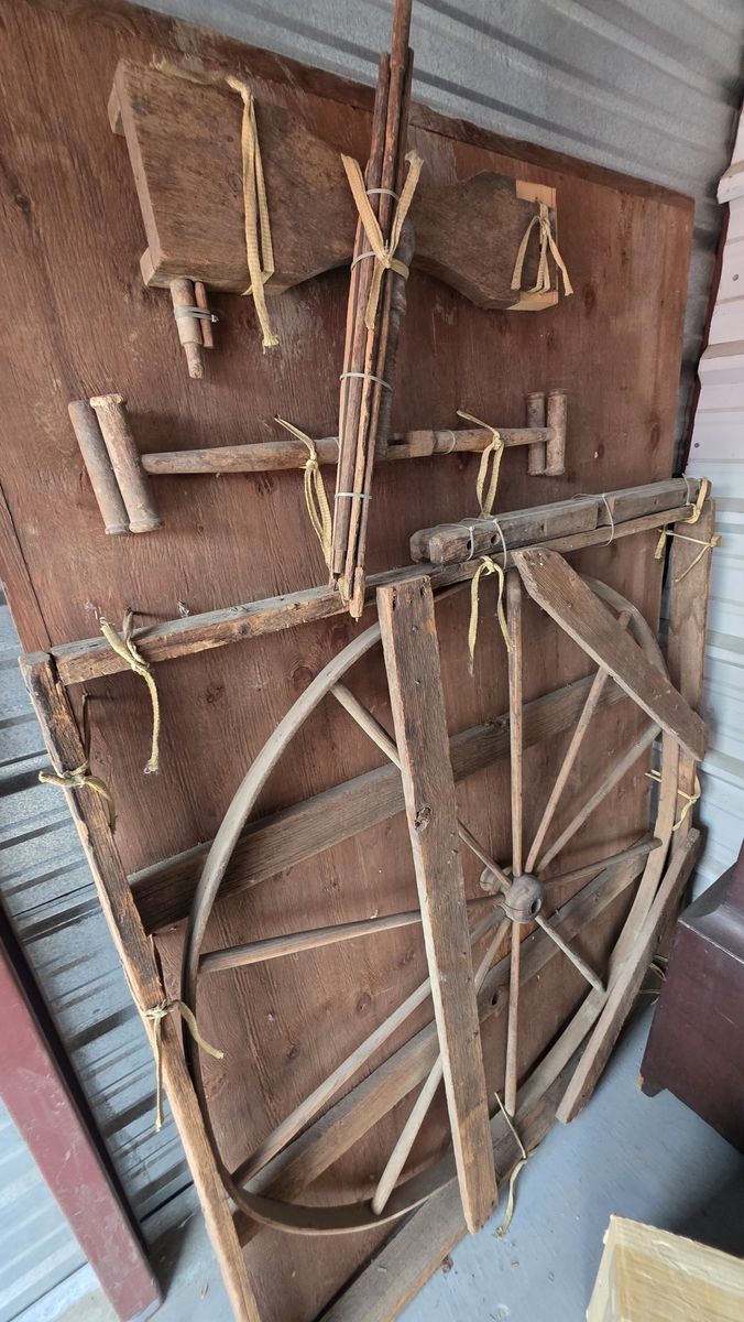 Antique Wooden Wagon Wheel and Farm Implement 