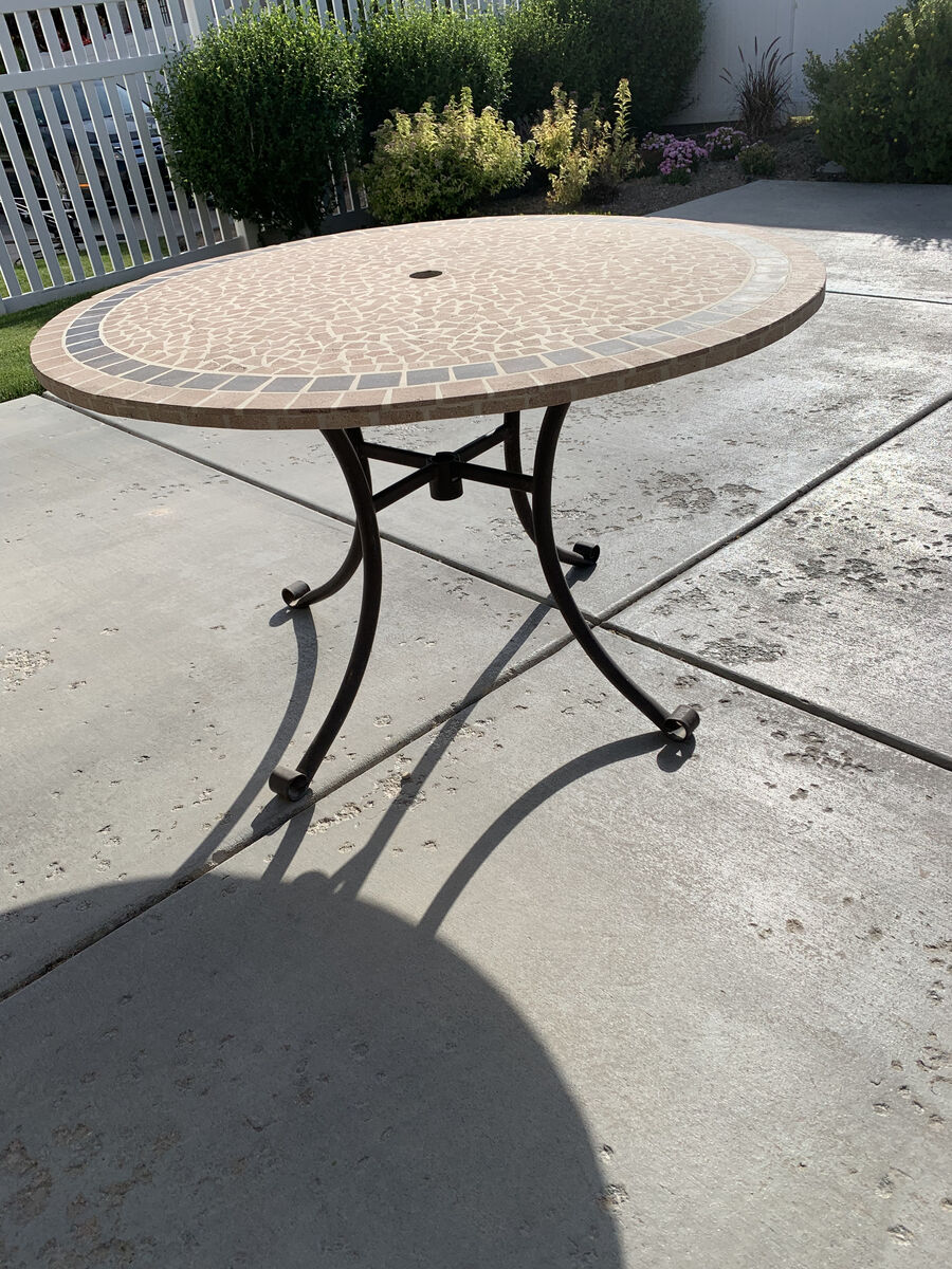 Stone Patio Table, 5 Woven Patio Chairs, Umbrella