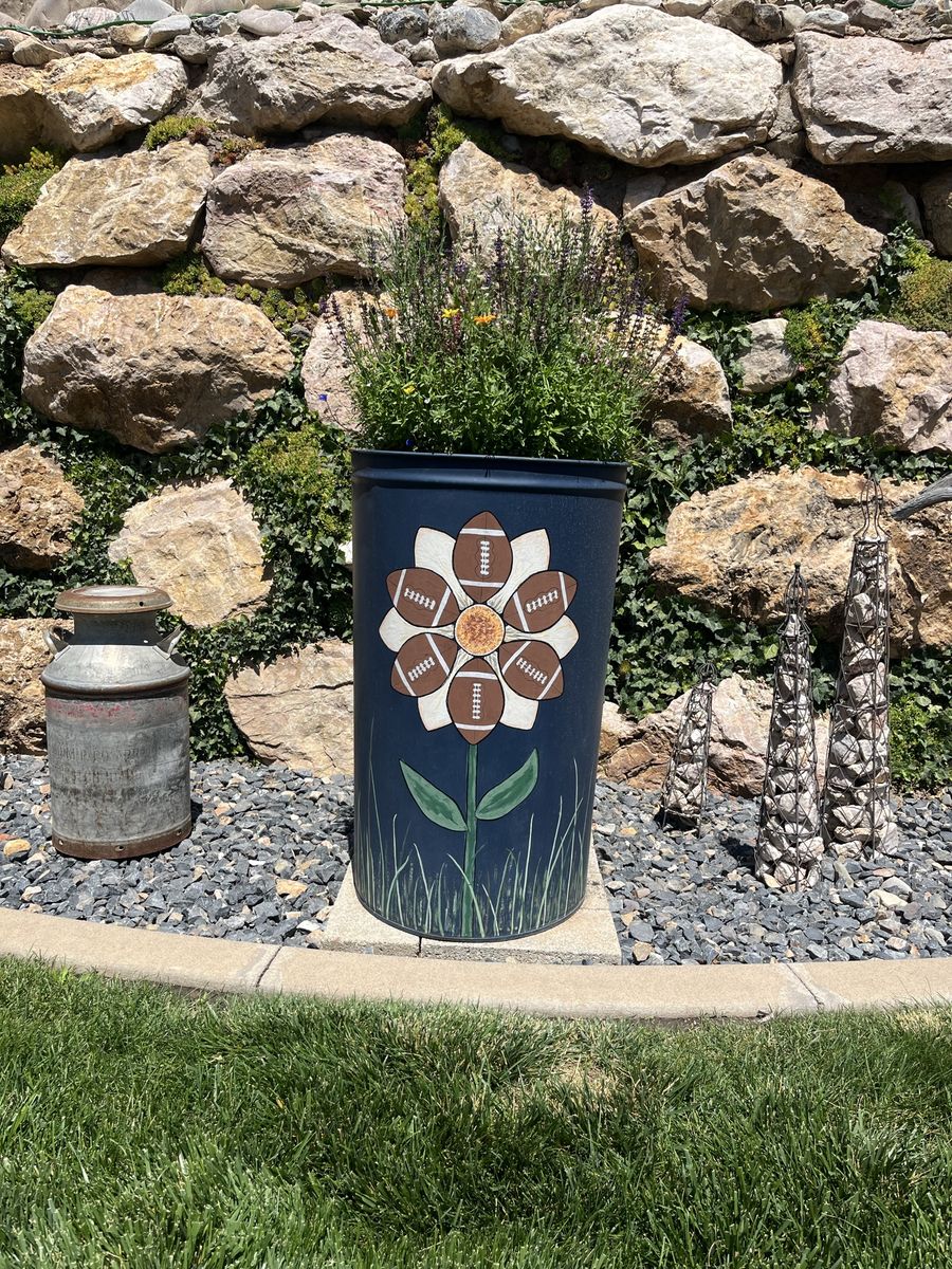 Hand-Painted Football Flower Metal Planter - Unique Sports Decor ( reversible)