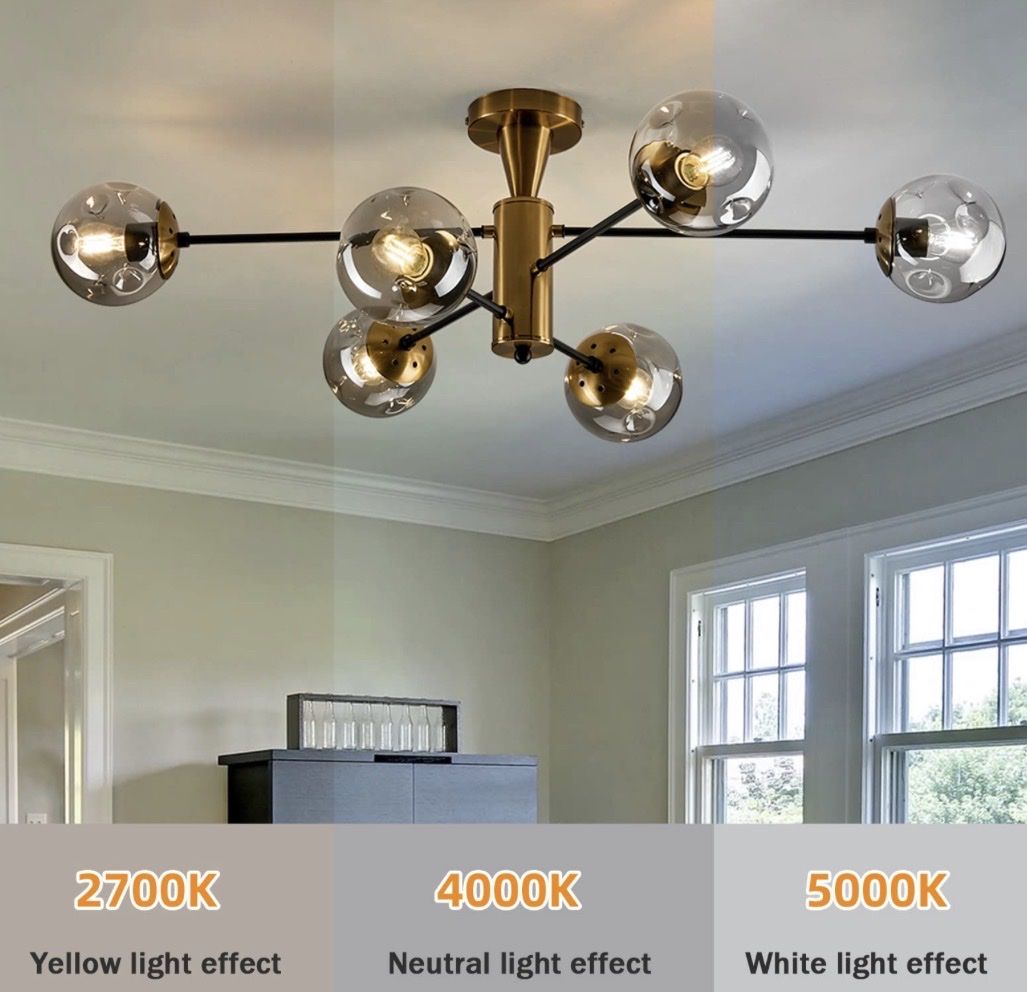 New Mid-Century Sputnik Chandelier - Translucent Black Glass & Gold Accents - 6-Light Fixture