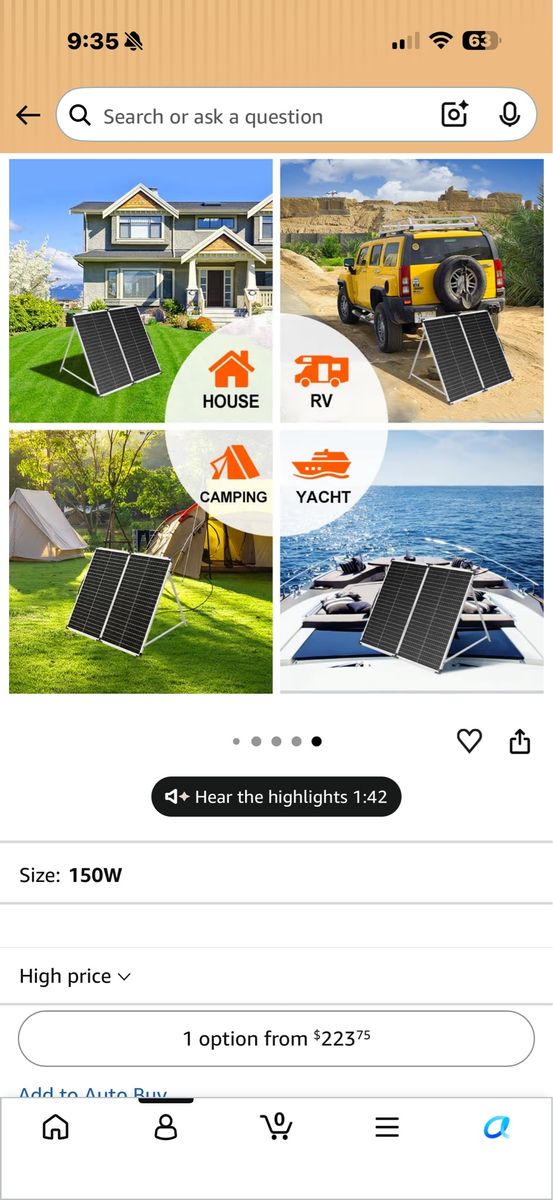 DOKIO Portable 150W 18V Monocrystalline Foldable Solar Panel Kit w/ Controller for 12V Batteries