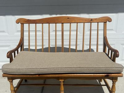 Vintage Wooden Spindle Back Bench with Upholstered Cushion