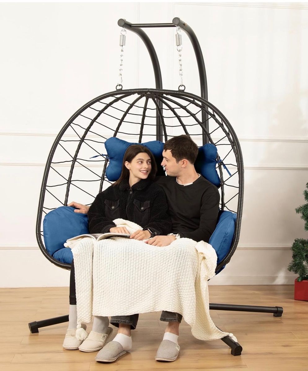 Brand new Double Swing Egg Chair Wicker Hanging Chair with Stand, Blue Cushions, Indoor/Outdoor