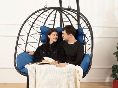 Brand new Double Swing Egg Chair Wicker Hanging Chair with Stand, Blue Cushions, Indoor/Outdoor