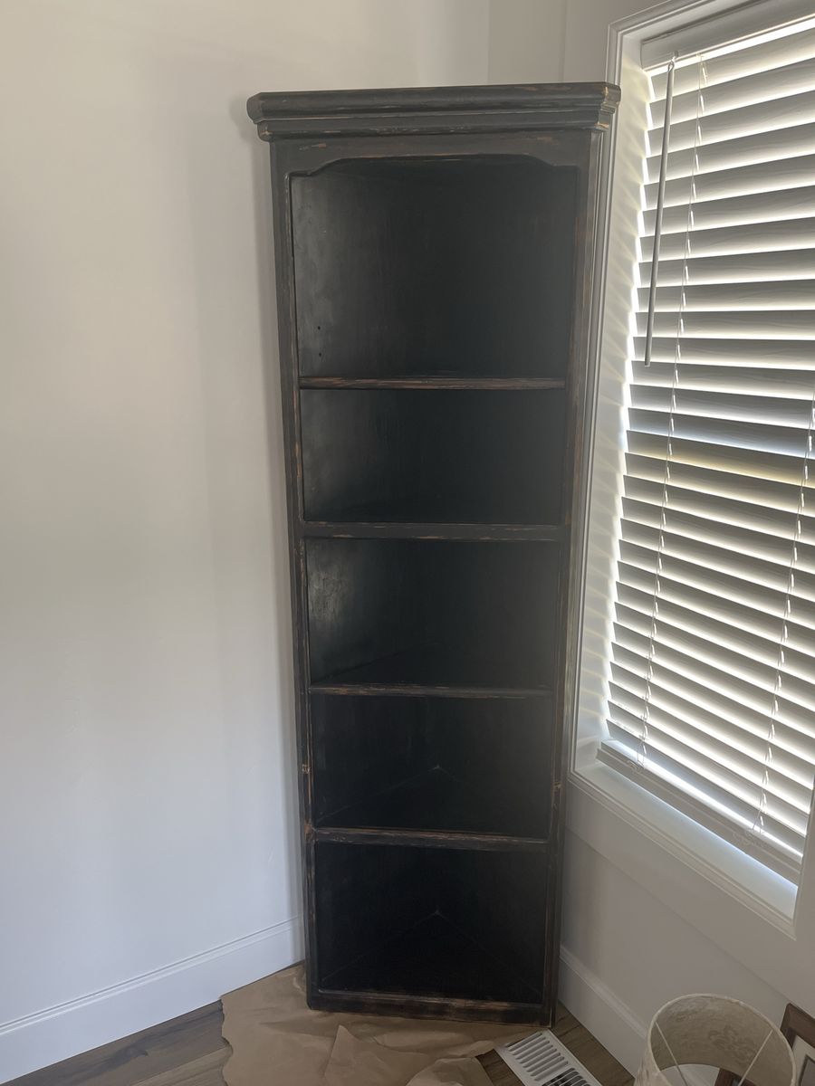 Tall Black Distressed Wooden Corner Bookshelf Display Cabinet