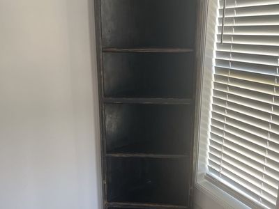 Tall Black Distressed Wooden Corner Bookshelf Display Cabinet