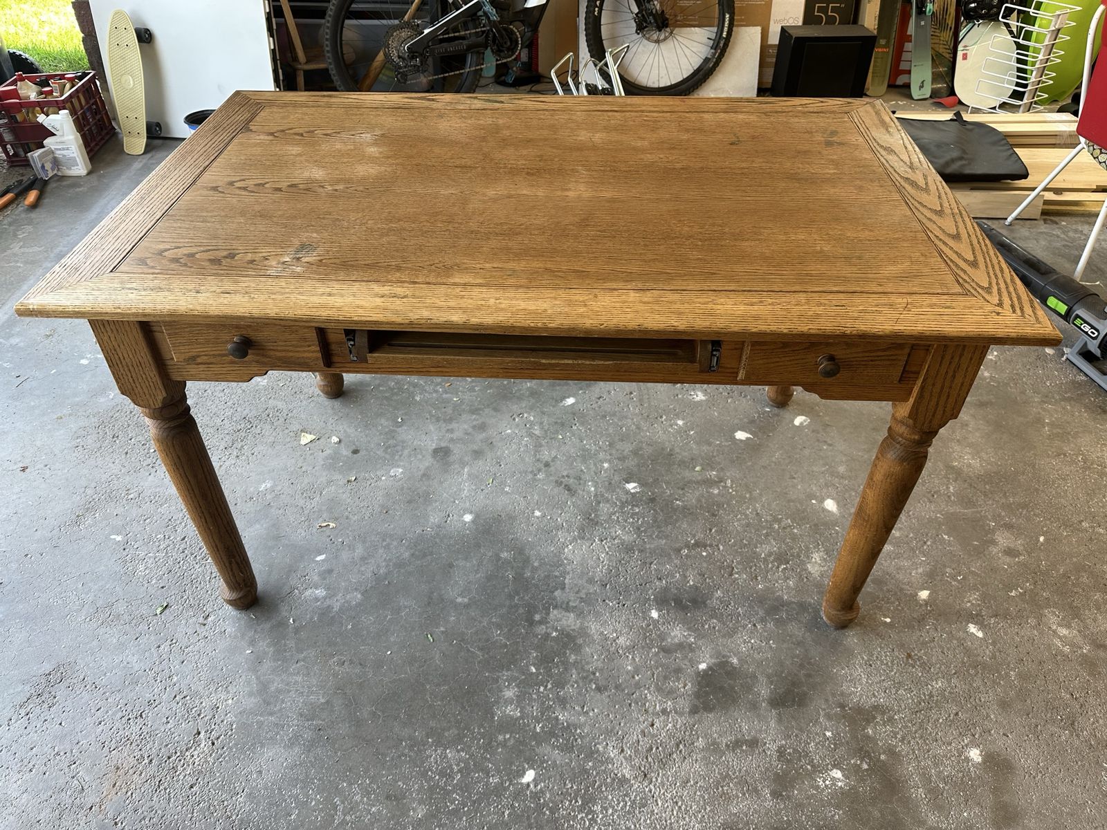 Solid Oak Wooden Desk with Center Drawer and Turned Legs