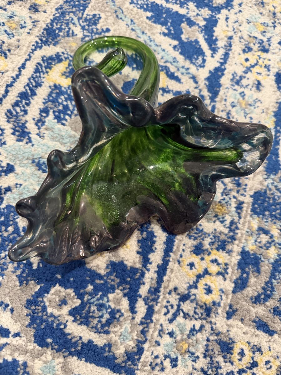 Art Glass Hand Blown Ruffled Flower Bowl Vase Green and Blue