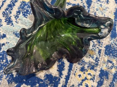 Art Glass Hand Blown Ruffled Flower Bowl Vase Green and Blue