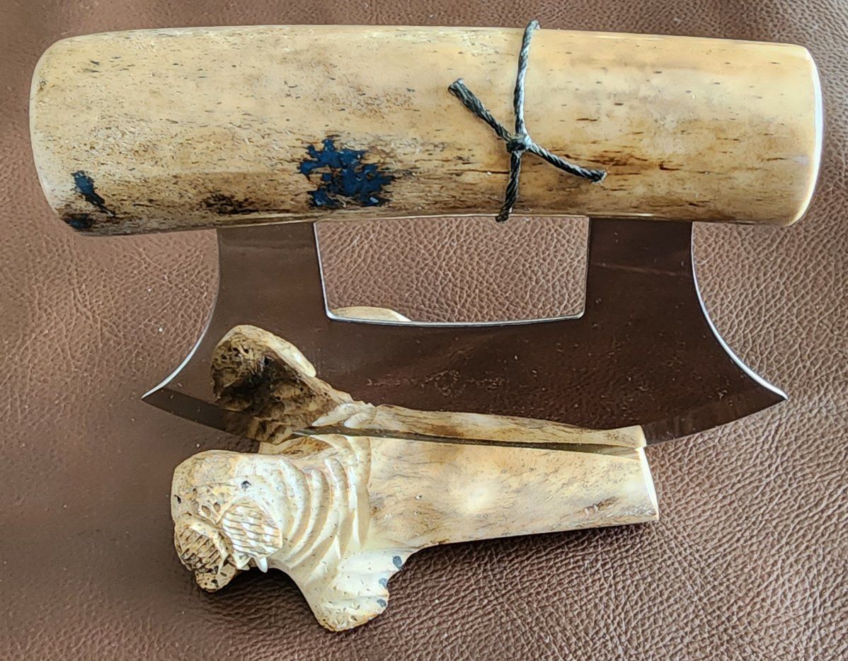 Alaskan Ulu Knife w/ Carved Bone Handle (Made in A