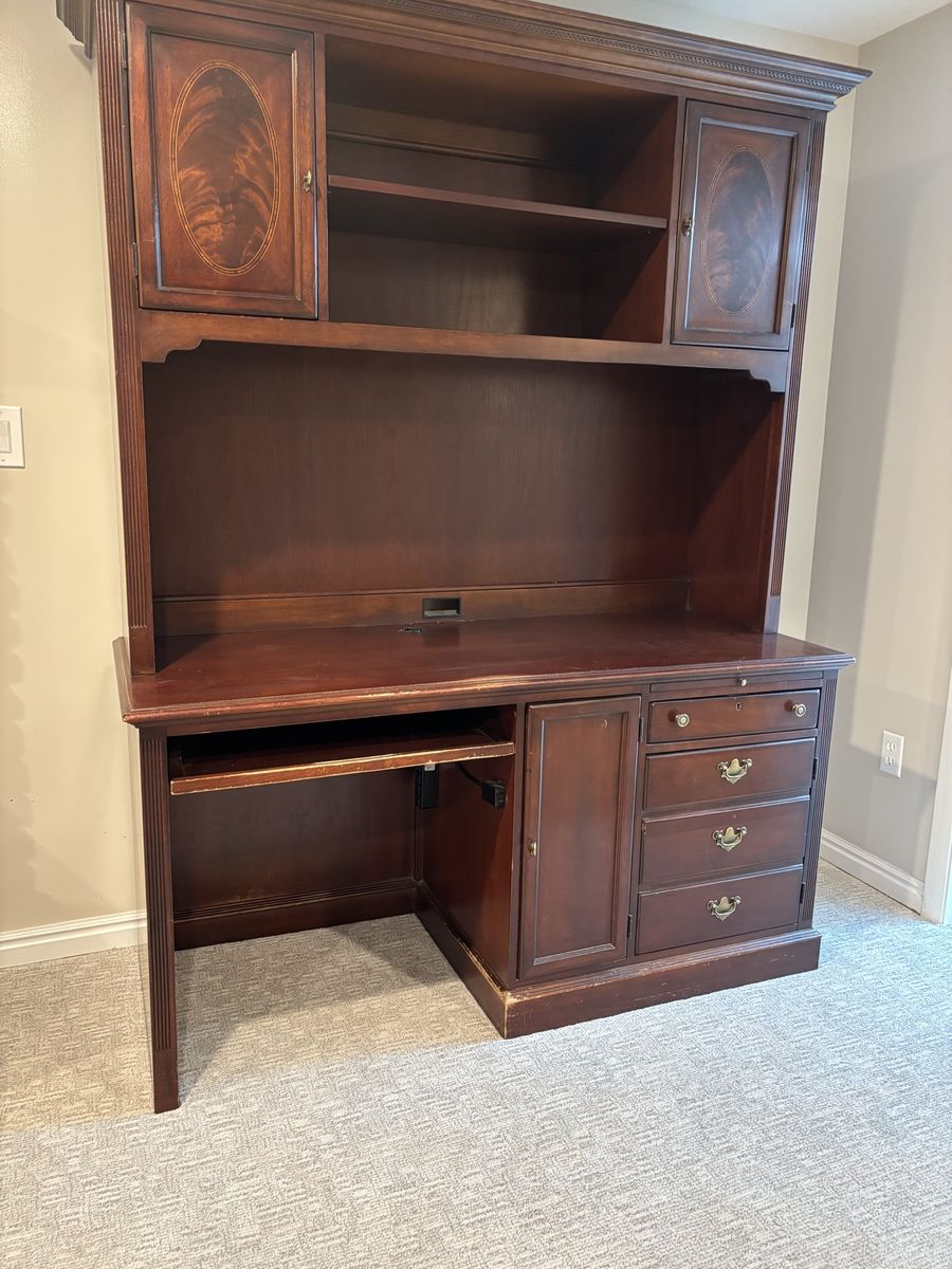 Classic Wood Computer Desk Hutch with Keyboard Tray & Storage - Dark Cherry Finish