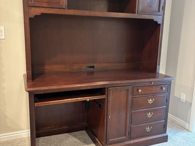 Classic Wood Computer Desk Hutch with Keyboard Tray & Storage - Dark Cherry Finish