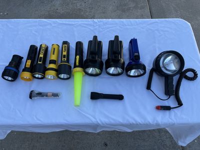 Lot of 12 Assorted Flashlights - Dorcy, Eveready, Garrity, and More, Various Sizes