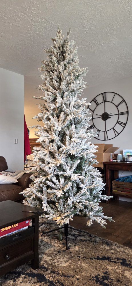 Flocked Artificial Christmas Tree - Pre-lit, Slim Profile, 7.5ft White