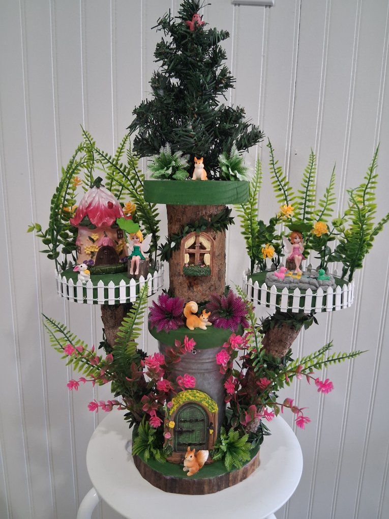 Handcrafted Multi-Tiered Fairy Garden Treehouse Sculpture with Figurines