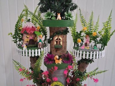 Handcrafted Multi-Tiered Fairy Garden Treehouse Sculpture with Figurines