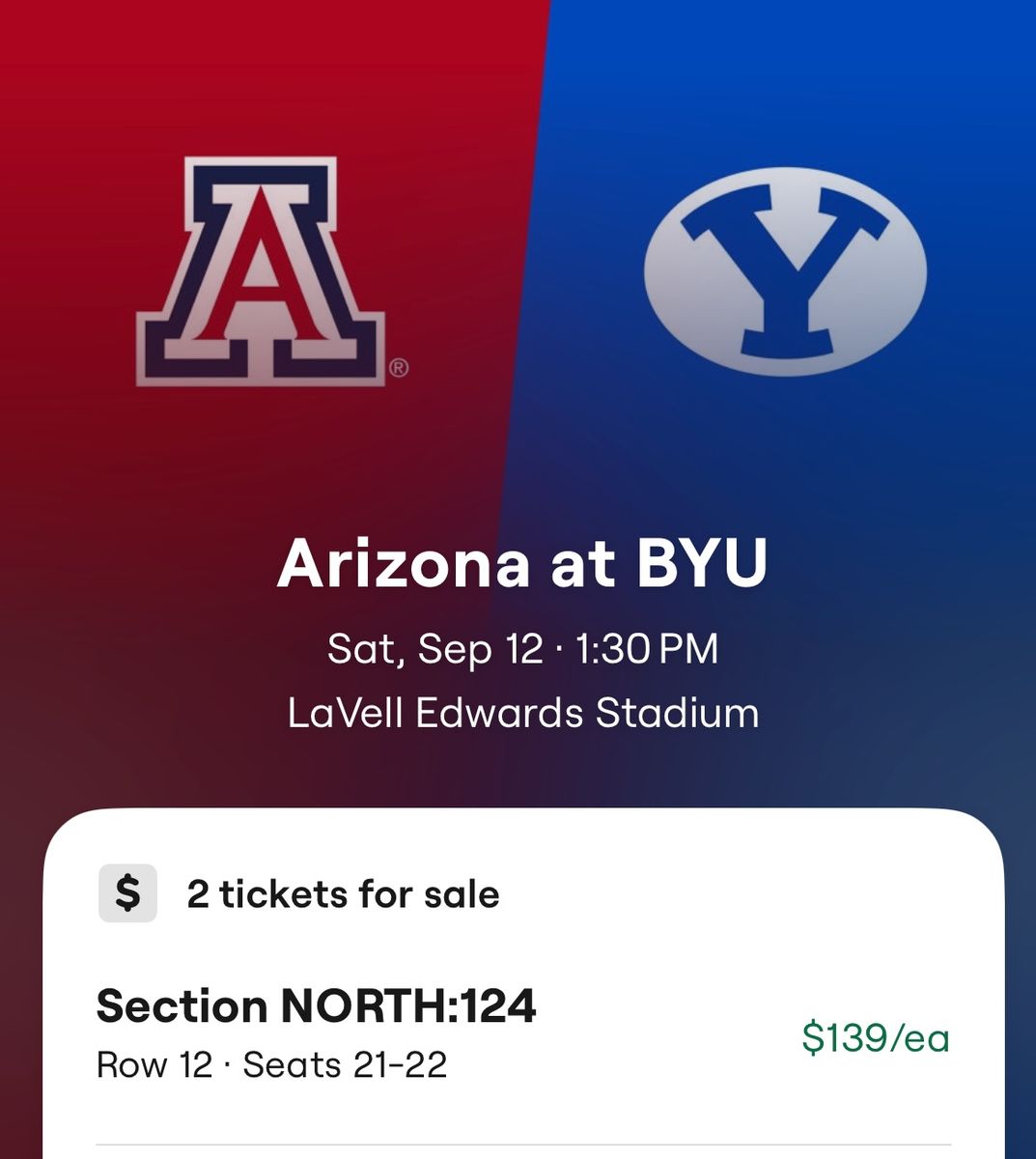 2 Tickets Arizona at BYU Football - Sat Sep 12 